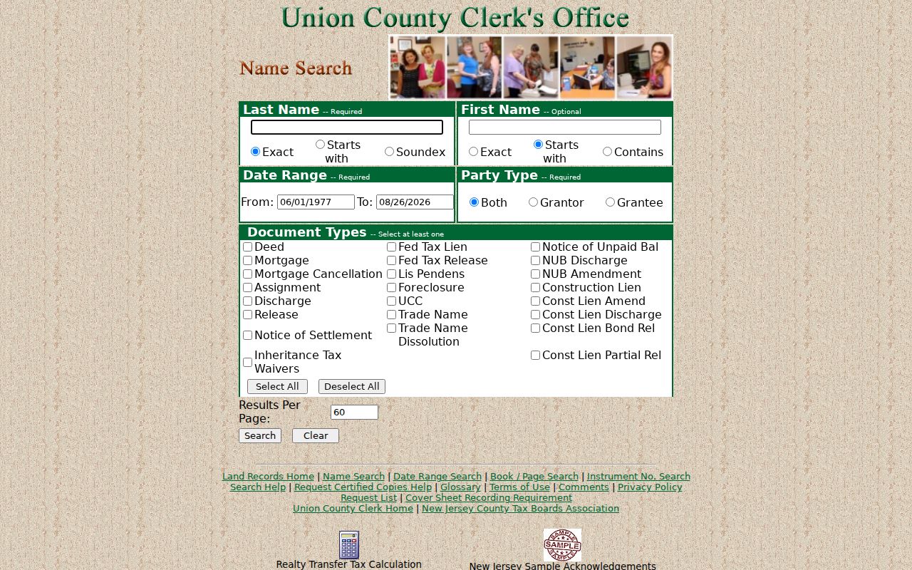 Linden residents directory Union County Clerk name search fields